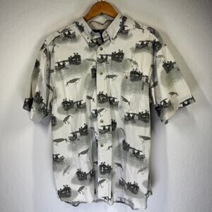 Men's Woolrich Cream, Green and Black‎ Fishing Lure Motif Button Down Size Large